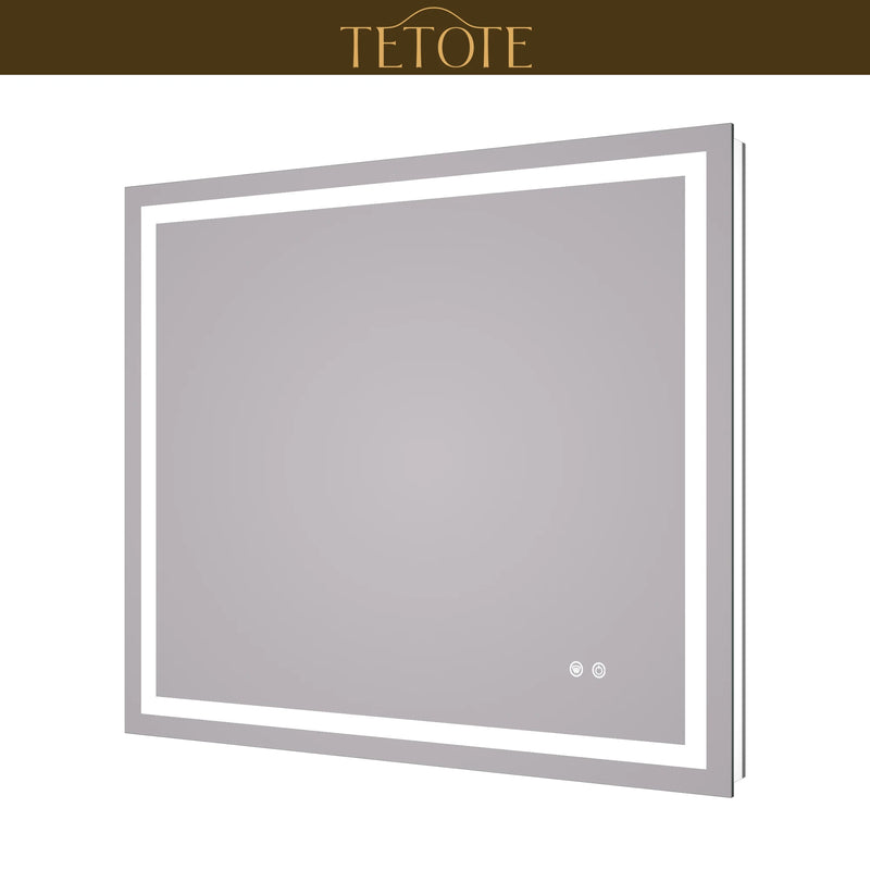 |36x42 inch LED bathroom mirror featuring shatterproof tempered glass, smart touch controls, and high-brightness anti-fog technology.