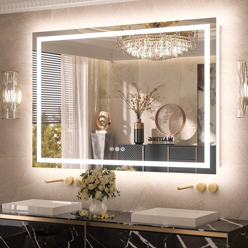 |36x48 inch LED bathroom mirror with anti-fog, stepless dimmable backlit and frontlit, and 3 color temperatures for versatile vanity lighting by TETOTE.