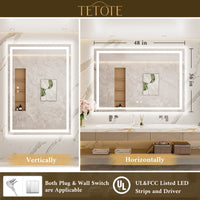 |36x48 inch LED bathroom mirror with easy installation kit, supports vertical or horizontal mounting, plug-in or hardwire.