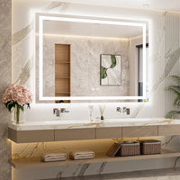 |36x48 inch LED bathroom mirror, backlit and front lit vanity light with anti-fog defogger, dimmable brightness, and 3 color temperatures.