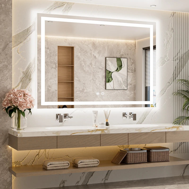 |36x48 inch LED bathroom mirror, backlit and front lit vanity light with anti-fog defogger, dimmable brightness, and 3 color temperatures.