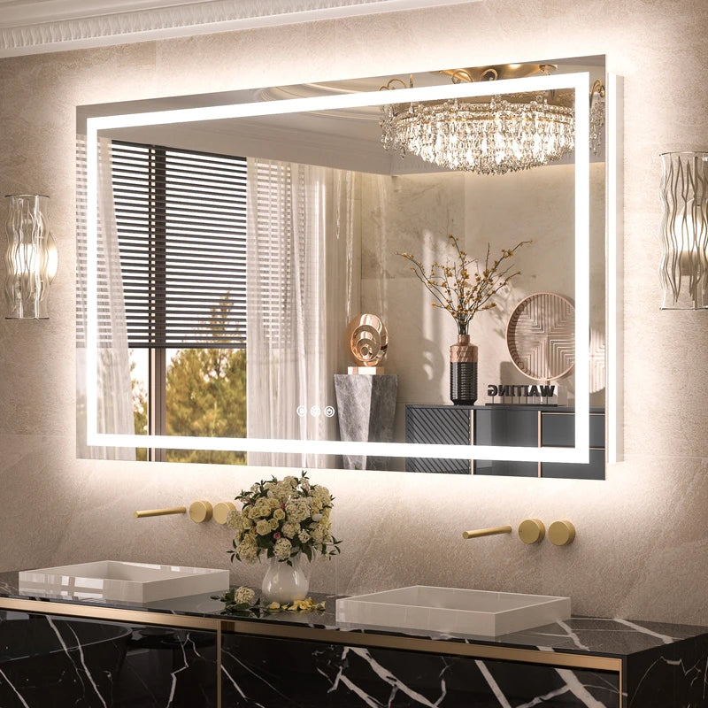|36x55 inch LED bathroom mirror with anti-fog, stepless dimmable backlit and frontlit, and 3 color temperatures for versatile vanity lighting by TETOTE.
