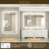 |36x55 inch LED bathroom mirror with easy installation kit, supports vertical or horizontal mounting, plug-in or hardwire.