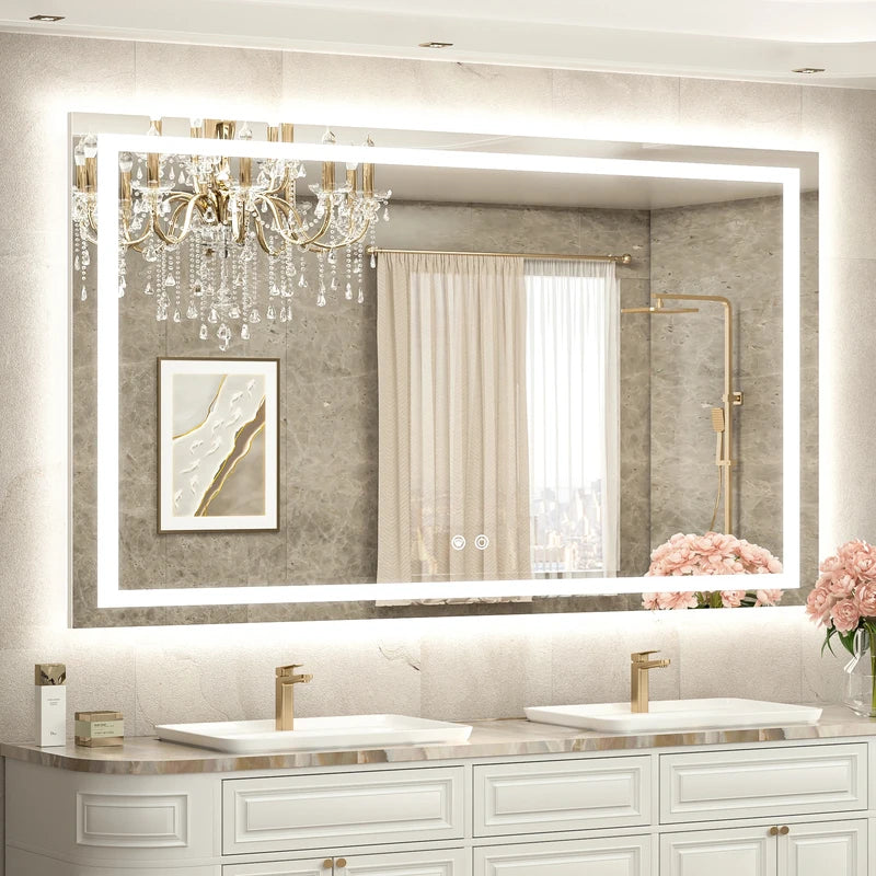 |36x55 inch LED bathroom mirror with anti-fog, dimmable backlit and front lit 3-color light for wall vanity.