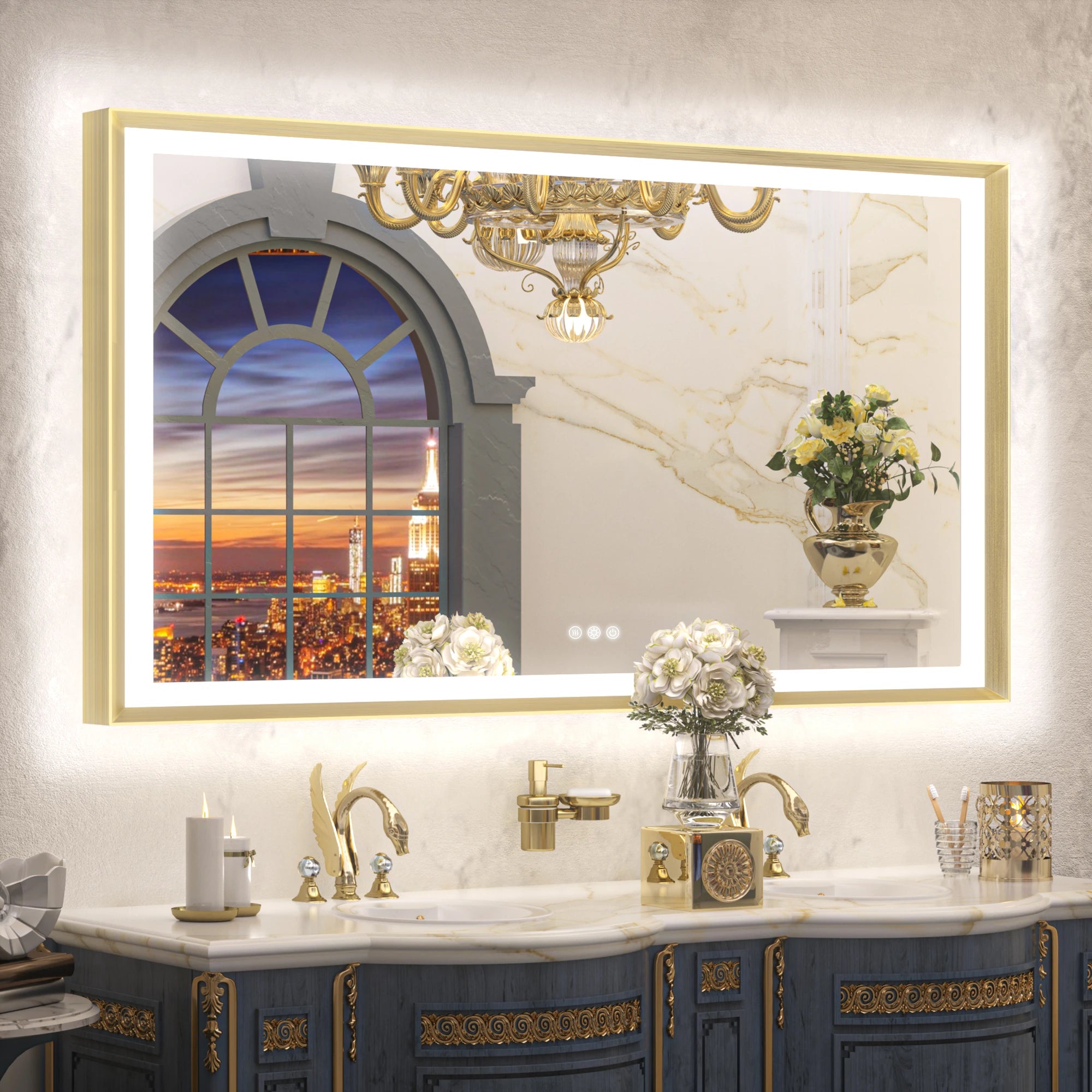 Dual-Lit Beveled Framed LED Mirror, 36x60, gold