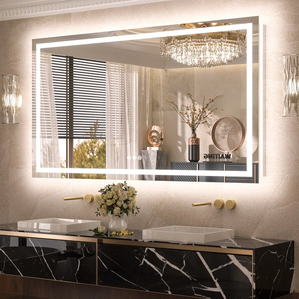 3-Color Frontlit Backlit LED Mirror, square corner, 36x60