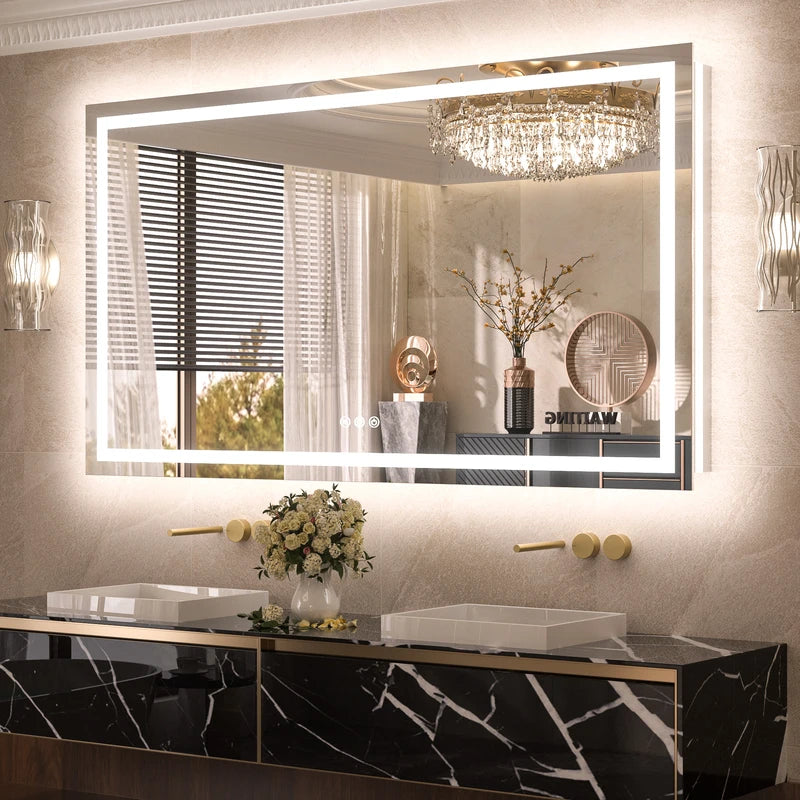 |36x60 inch LED bathroom mirror with anti-fog, stepless dimmable backlit and frontlit, and 3 color temperatures for versatile vanity lighting by TETOTE.