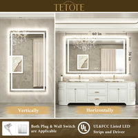 |36x60 inch LED bathroom mirror with easy installation kit, supports vertical or horizontal mounting, plug-in or hardwire.