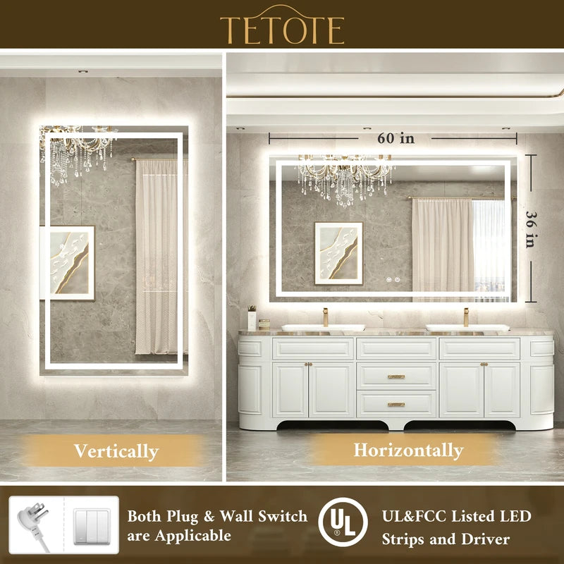 |36x60 inch LED bathroom mirror with easy installation kit, supports vertical or horizontal mounting, plug-in or hardwire.