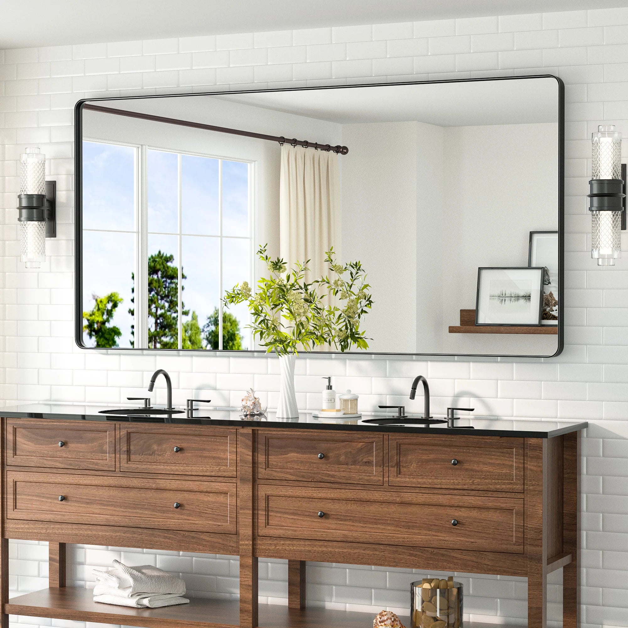 TETOTE 36x72 Rounded Rectangular Metal Framed Bathroom Mirror in Black
