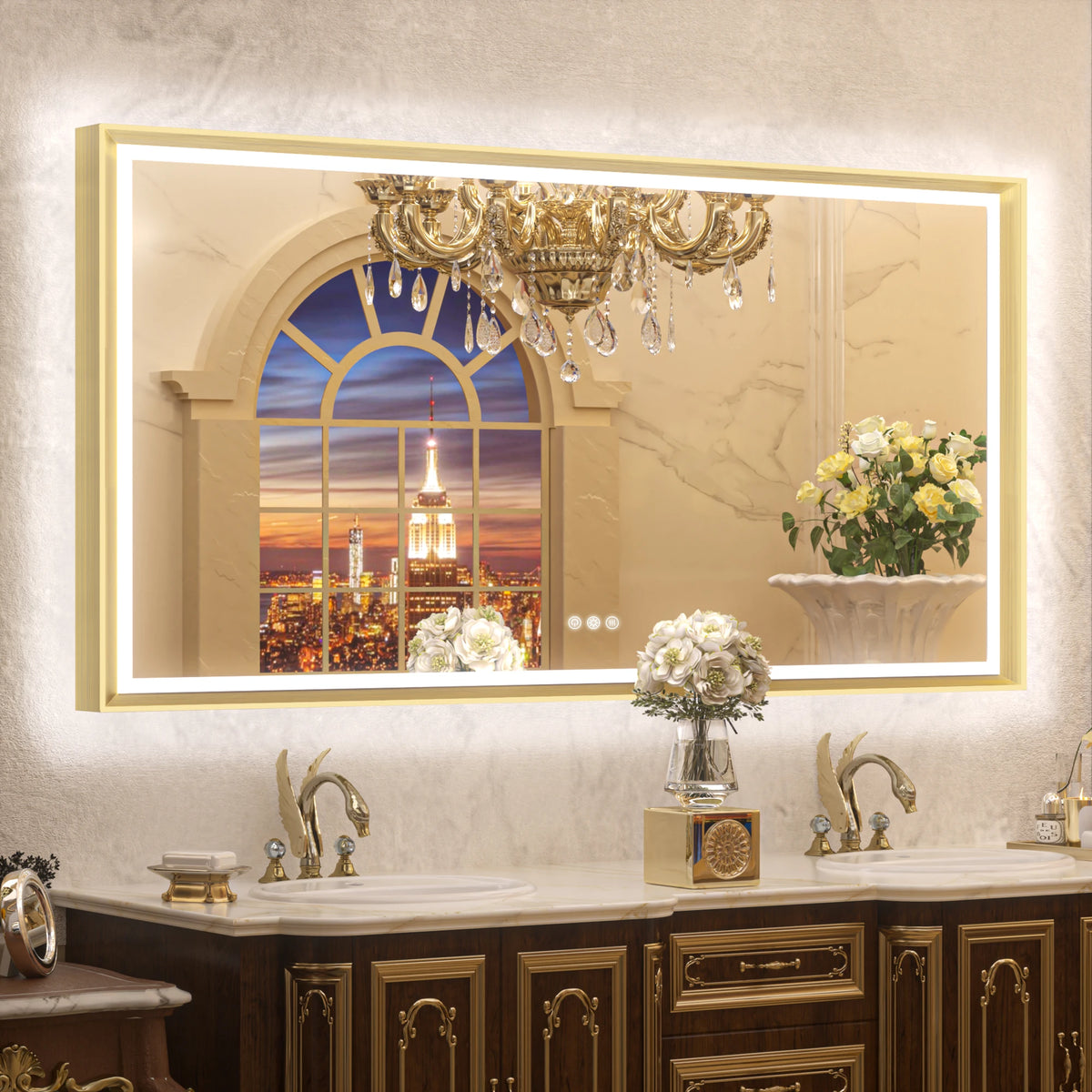 Dual-Lit Framed LED Bathroom Mirror extra large gold