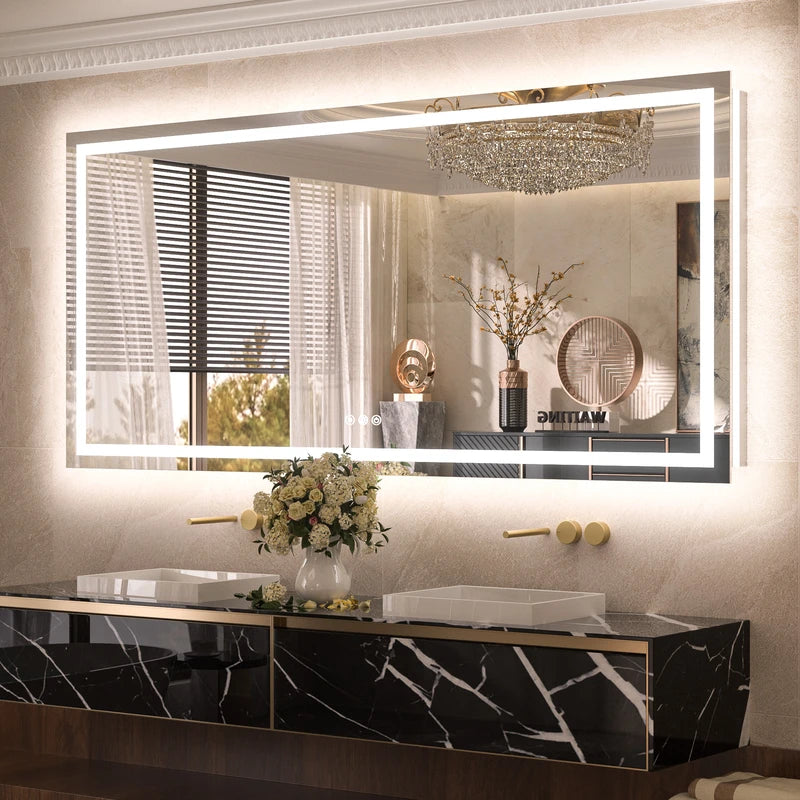 |36x72 inch LED bathroom mirror with anti-fog, stepless dimmable backlit and frontlit, and 3 color temperatures for versatile vanity lighting by TETOTE.