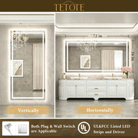 |36x72 inch LED bathroom mirror with easy installation kit, supports vertical or horizontal mounting, plug-in or hardwire.