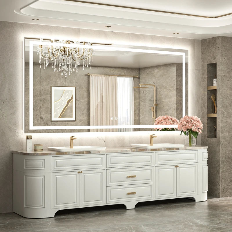 |36x72 inch LED bathroom mirror, backlit and front lit vanity light with anti-fog defogger, dimmable brightness, and 3 color temperatures.