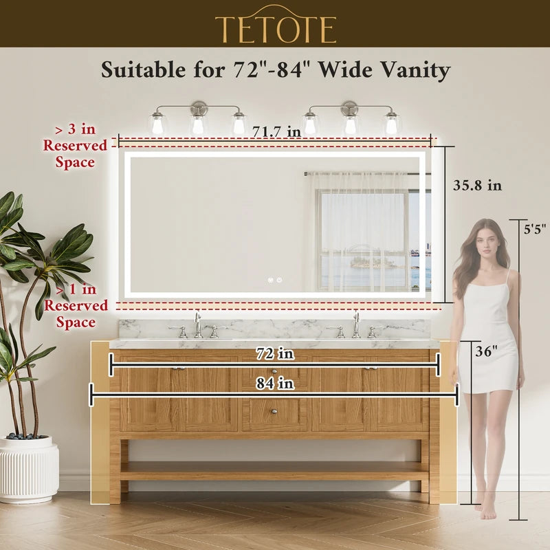 |36x72 inch LED bathroom mirror dimensions, designed for large bathrooms, double vanities, and luxury lighting coverage