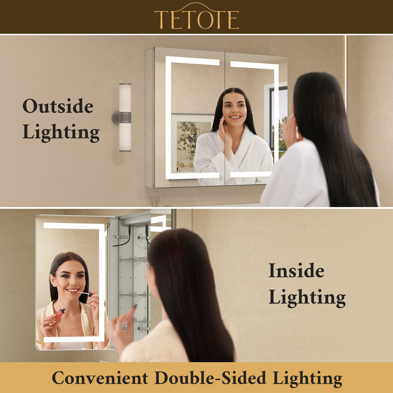 TETOTE  LED Medicine Cabinet Mirror - Recessed/Surface Mount with Tempered Glass, 3-Color Dimming, Defog, 2 Outlets & USB Ports, Adjustable Shelves