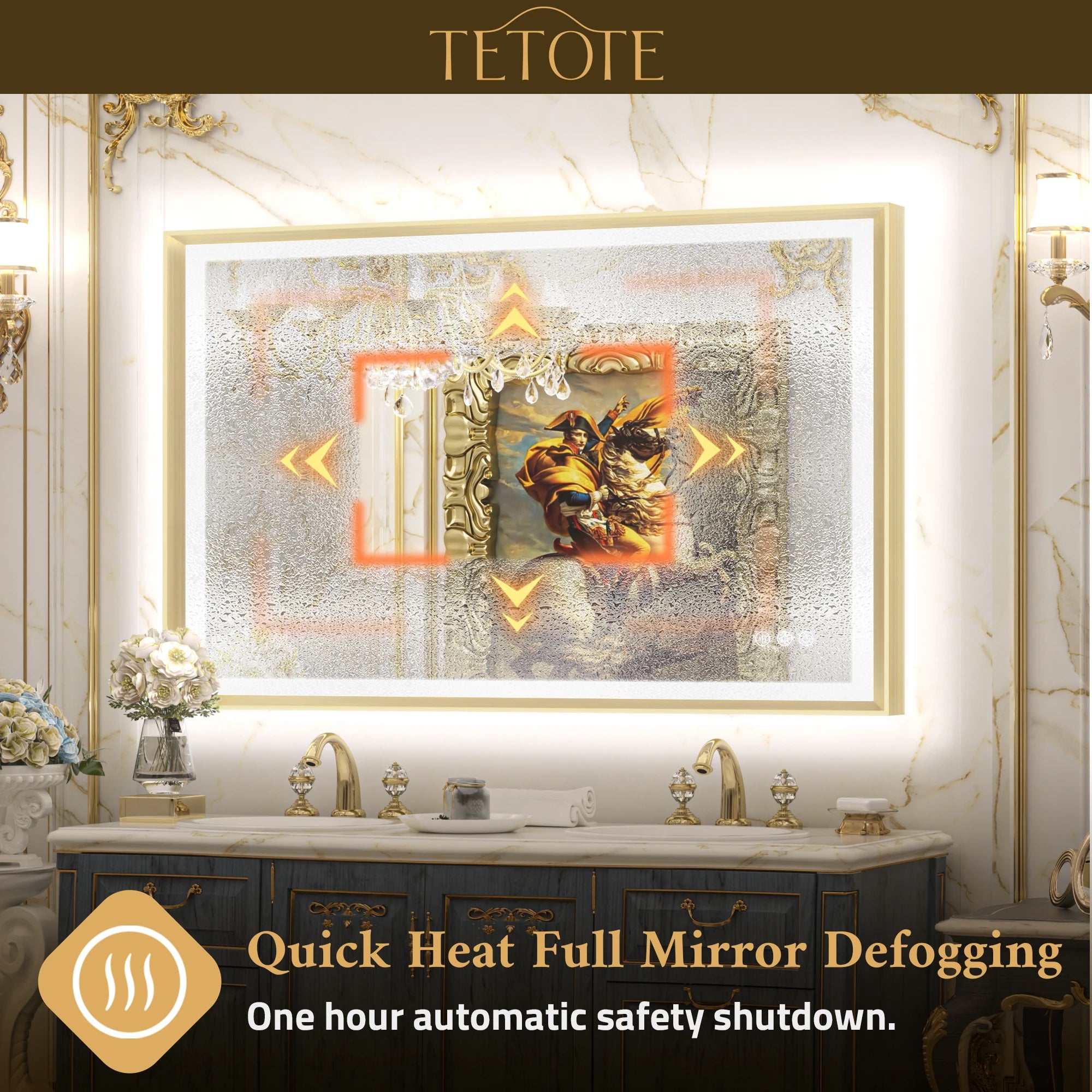 TETOTE beveled frame frontlit backlit LED bathroom mirror with defogger
