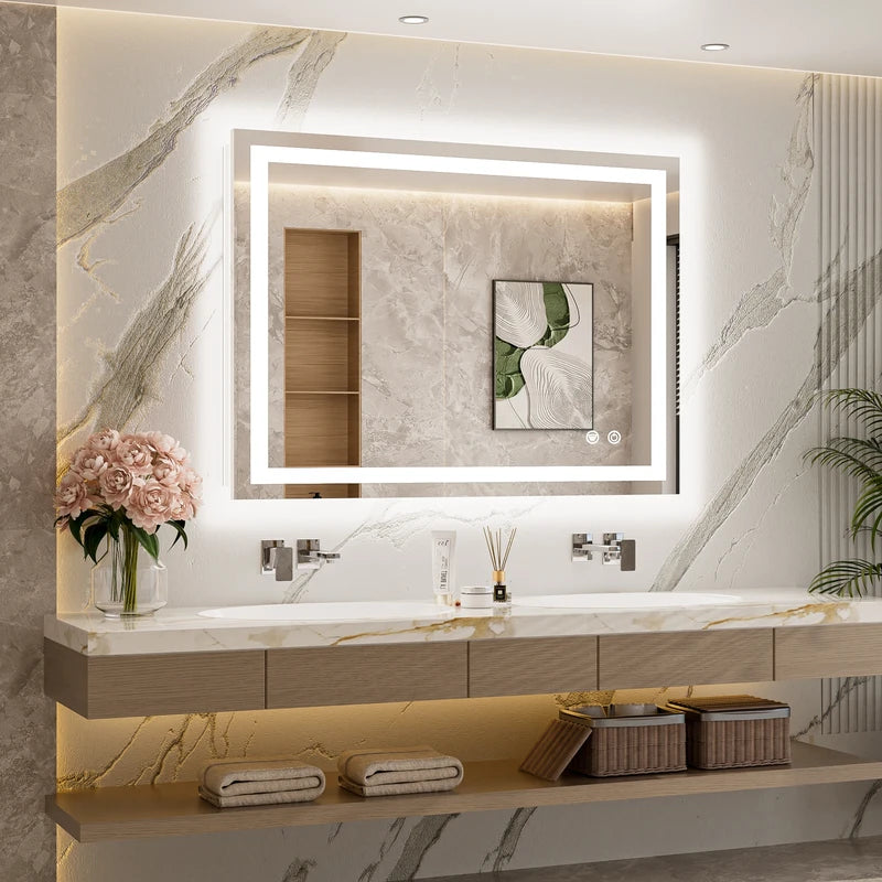 |40x30 inch LED bathroom mirror, backlit and front lit vanity light with anti-fog defogger, dimmable brightness, and 3 color temperatures.