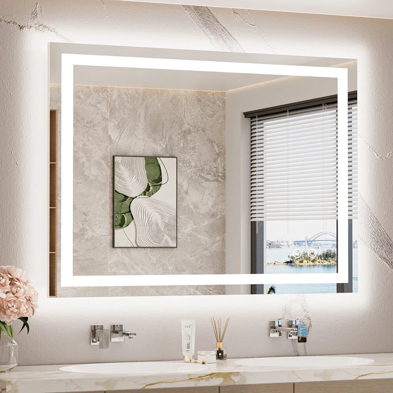 |40x30 inch LED bathroom mirror with anti-fog, dimmable backlit and front lit 3-color light for wall vanity.