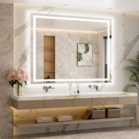 |40x48 inch LED bathroom mirror, backlit and front lit vanity light with anti-fog defogger, dimmable brightness, and 3 color temperatures.