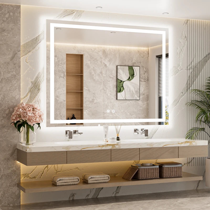 |40x48 inch LED bathroom mirror, backlit and front lit vanity light with anti-fog defogger, dimmable brightness, and 3 color temperatures.