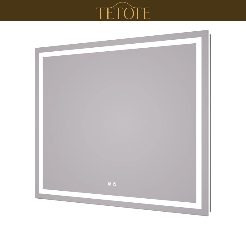 |40x48 inch LED bathroom mirror featuring shatterproof tempered glass, smart touch controls, and high-brightness anti-fog technology.