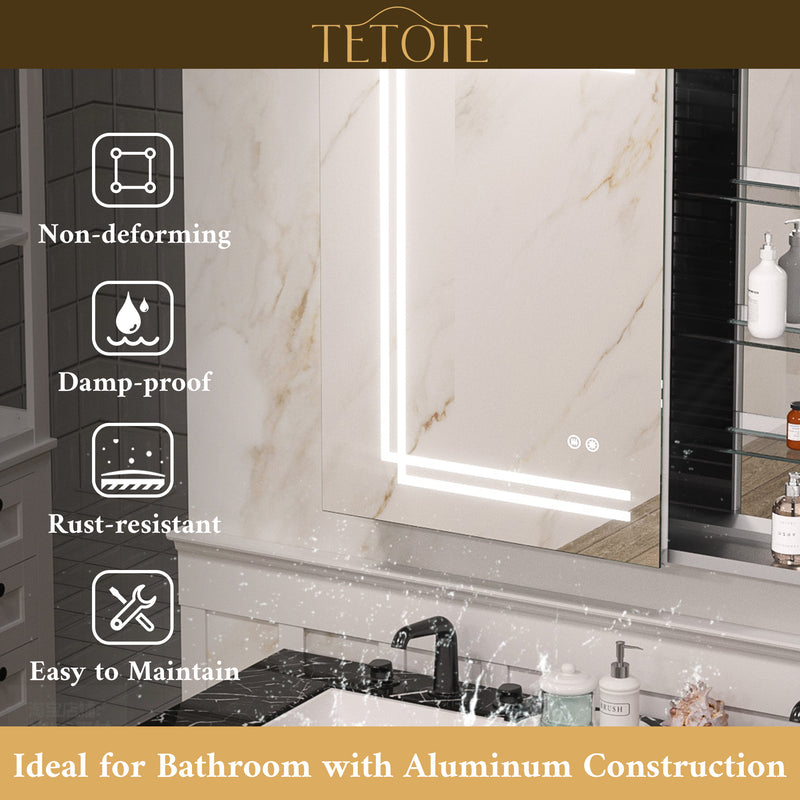 TETOTE Medicine Cabinet Bathroom LED Mirror 3 Colors Stepless Dimming Anti-Fog Memory Funtion Surface Wall Mounted Medicine Cabinets
