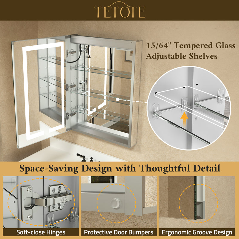 TETOTE  LED Medicine Cabinet Mirror - Recessed/Surface Mount with Tempered Glass, 3-Color Dimming, Defog, 2 Outlets & USB Ports, Adjustable Shelves