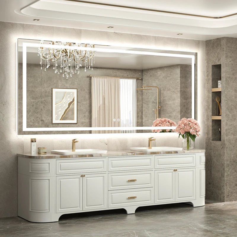 |84x36 inch LED bathroom mirror, backlit and front lit vanity light with anti-fog defogger, dimmable brightness, and 3 color temperatures.