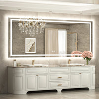 |84x36 inch LED bathroom mirror with anti-fog, dimmable backlit and front lit 3-color light for wall vanity.