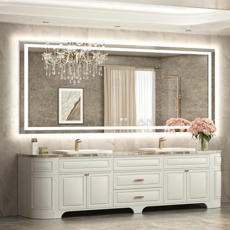 |84x36 inch LED bathroom mirror with anti-fog, dimmable backlit and front lit 3-color light for wall vanity.