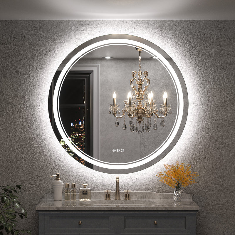 TETOTE Round 3-Color Frontlit & Backlit LED Bathroom Mirror