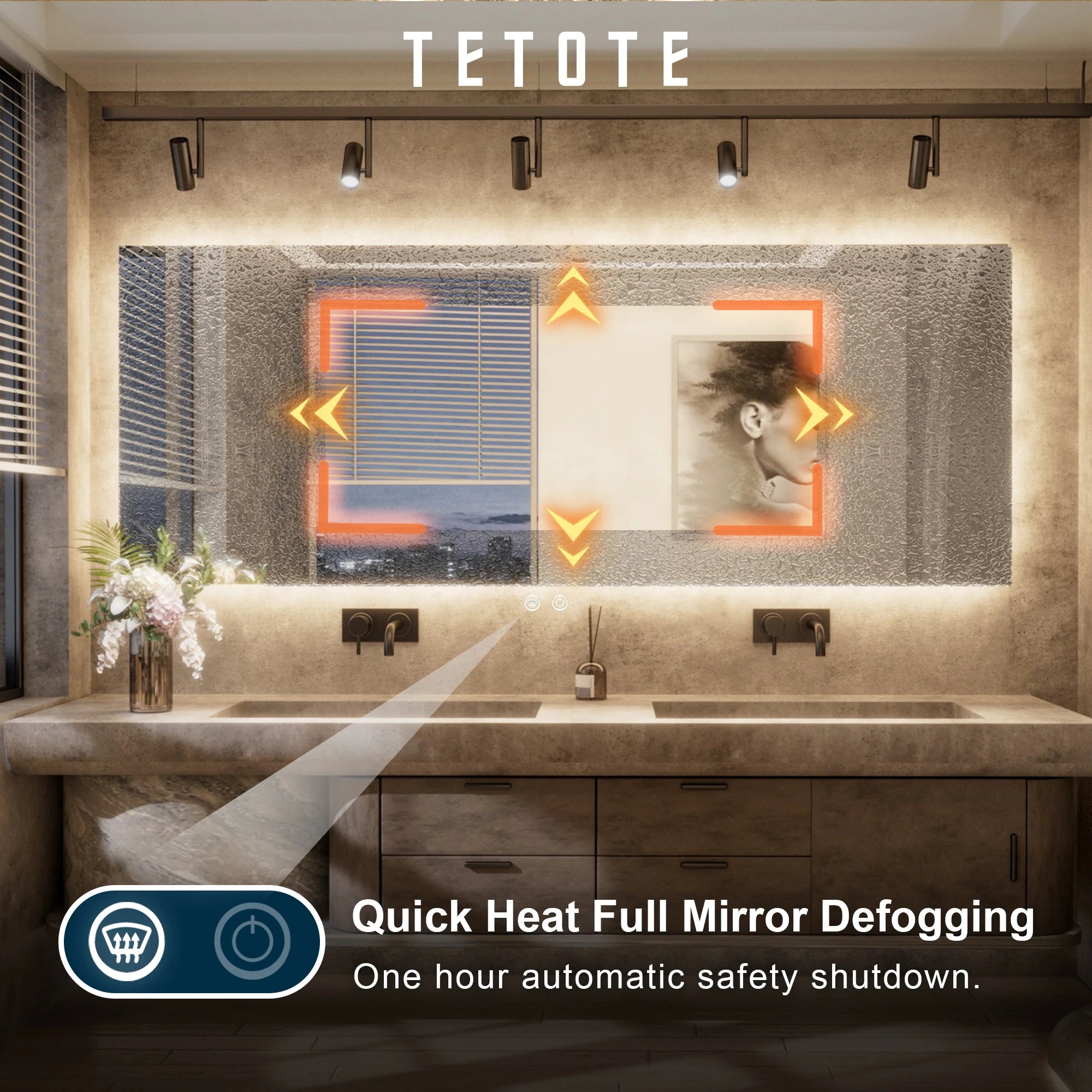 TETOTE tempered glass backlit LED bathroom mirror with defogger
