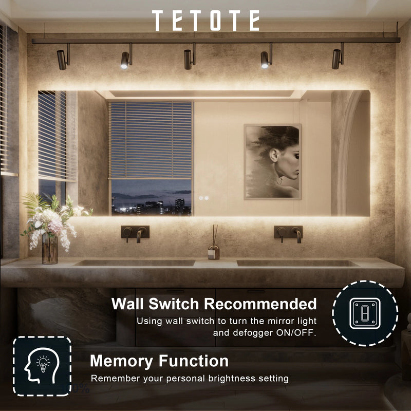 TETOTE Backlit LED Bathroom Mirror 3-Color Temped Glass
