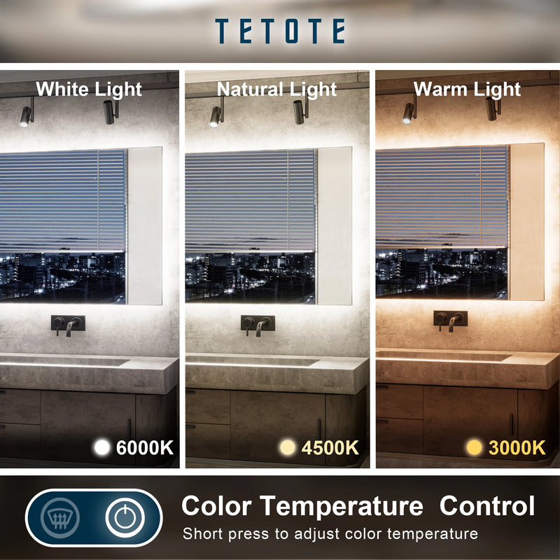 TETOTE Backlit LED Bathroom Mirror 3-Color Temped Glass