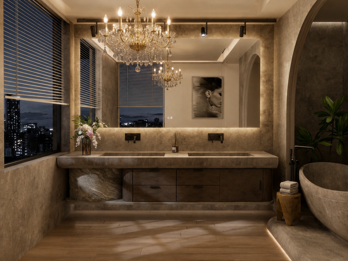 Backlit LED mirror combining mirror and lighting as one soft architectural element