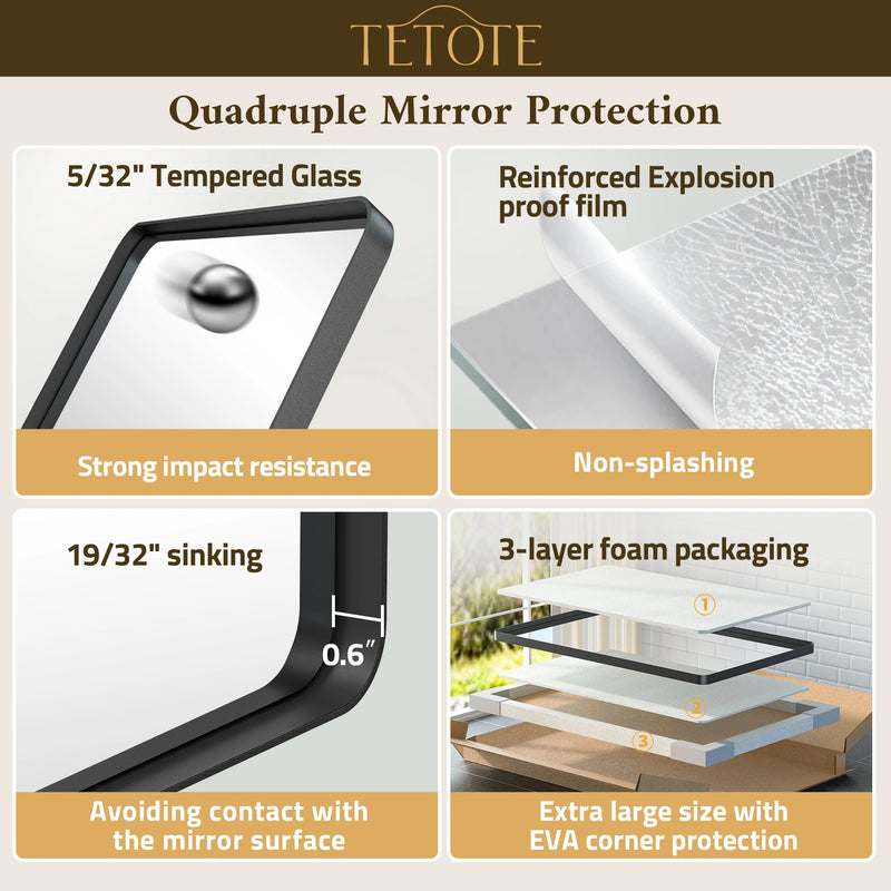 TETOTE Square Rounded Corners Metal FrameBathroom Mirror
