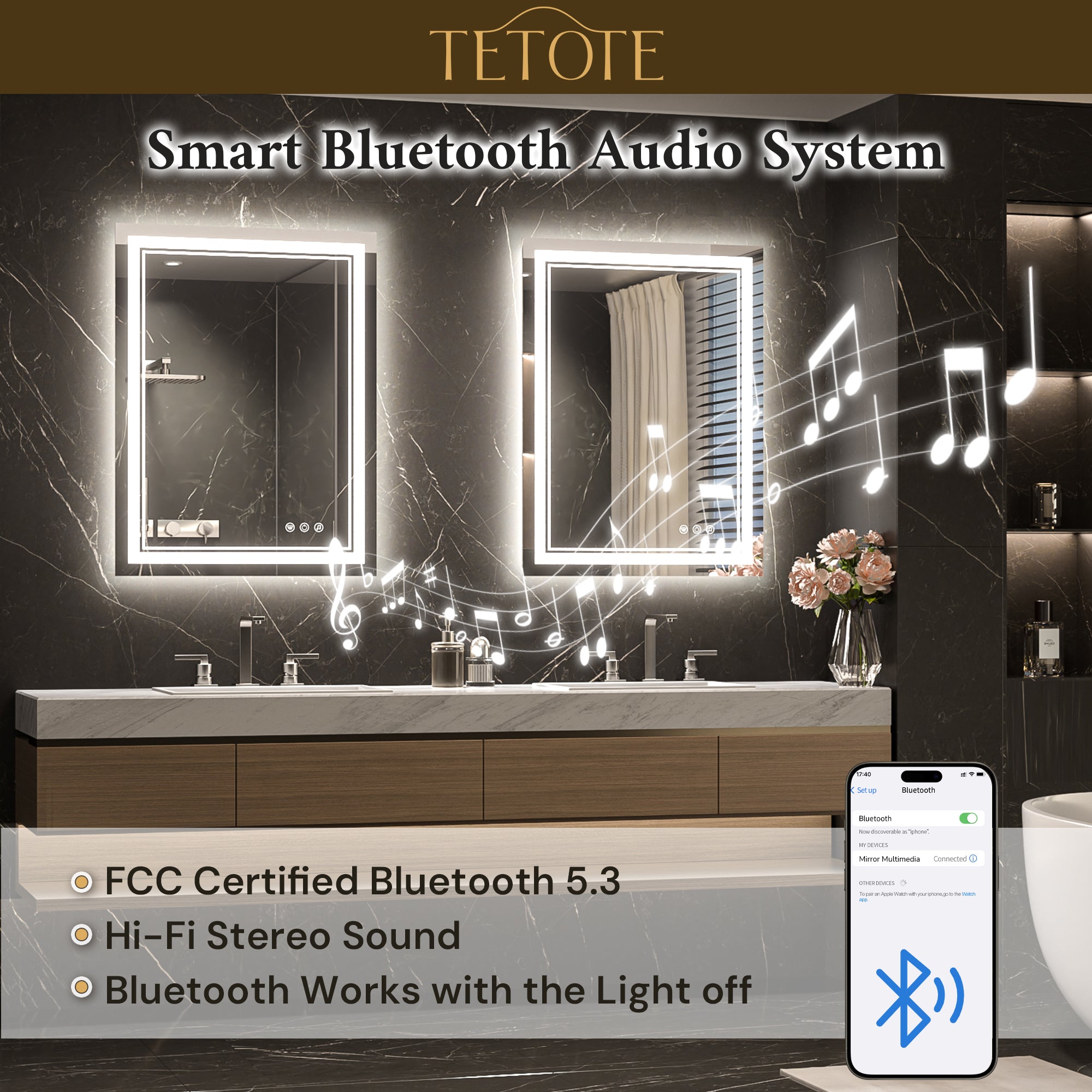 LED Bathroom Mirror with Bluetooth Speaker