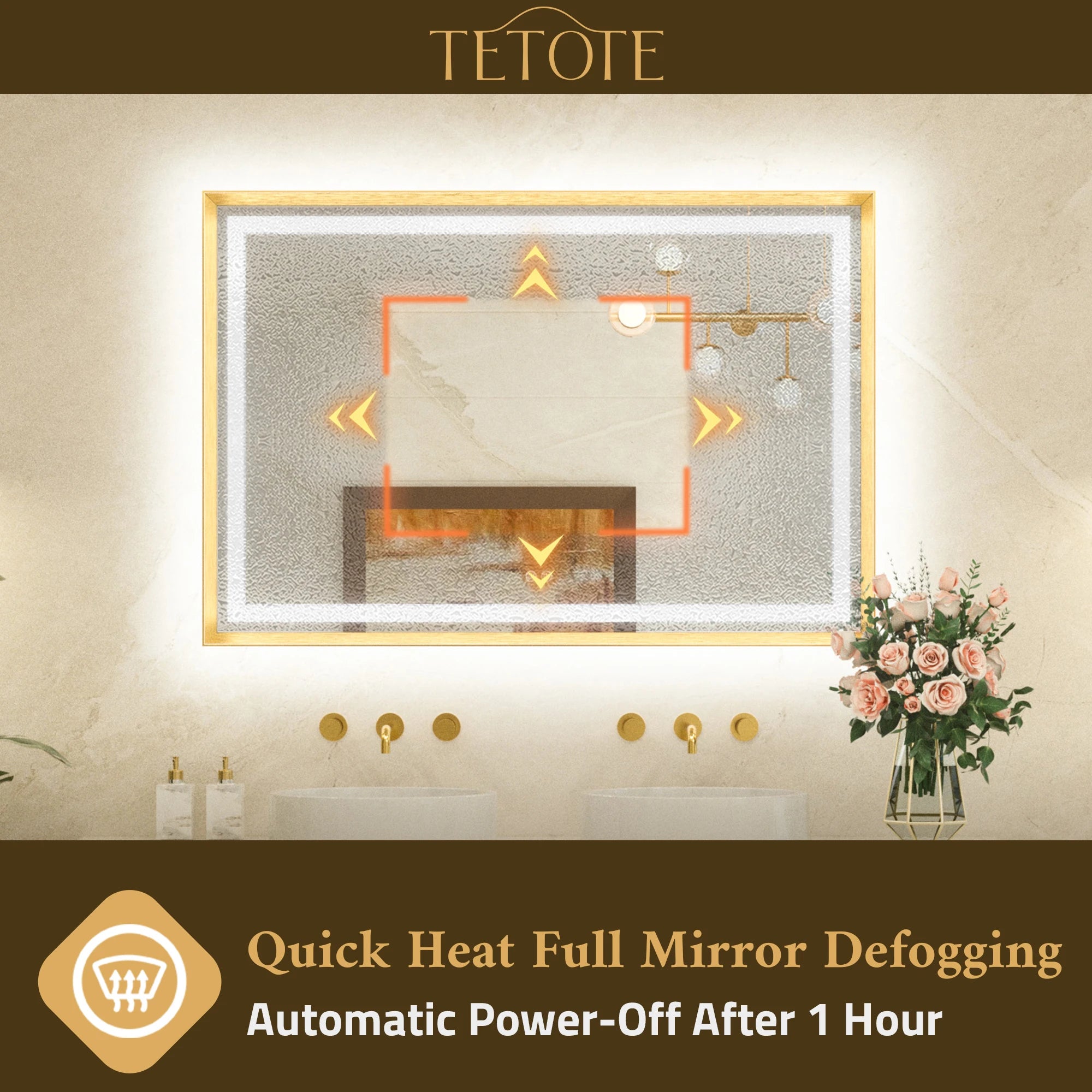 Gold framed 3-color backlit LED bathroom mirror with anti-fog defogger
