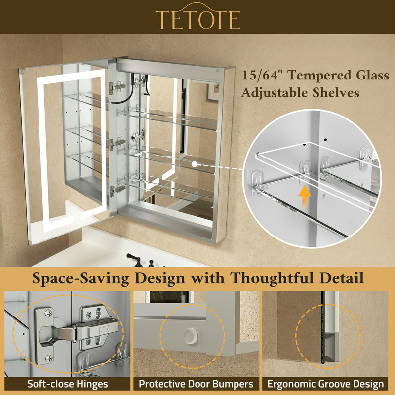 TETOTE  LED Medicine Cabinet Mirror - Recessed/Surface Mount with Tempered Glass, 3-Color Dimming, Defog, 2 Outlets & USB Ports, Adjustable Shelves