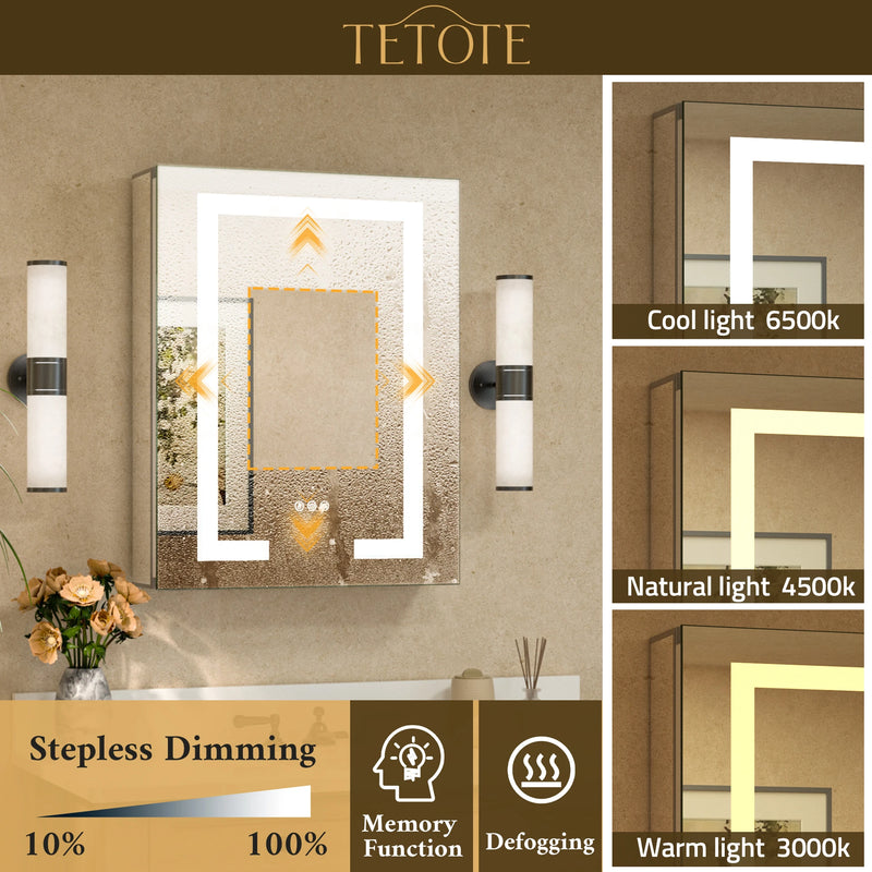 TETOTE  LED Medicine Cabinet Mirror - Recessed/Surface Mount with Tempered Glass, 3-Color Dimming, Defog, 2 Outlets & USB Ports, Adjustable Shelves