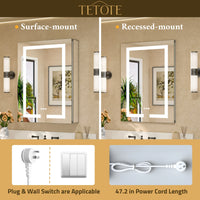 TETOTE  LED Medicine Cabinet Mirror - Recessed/Surface Mount with Tempered Glass, 3-Color Dimming, Defog, 2 Outlets & USB Ports, Adjustable Shelves