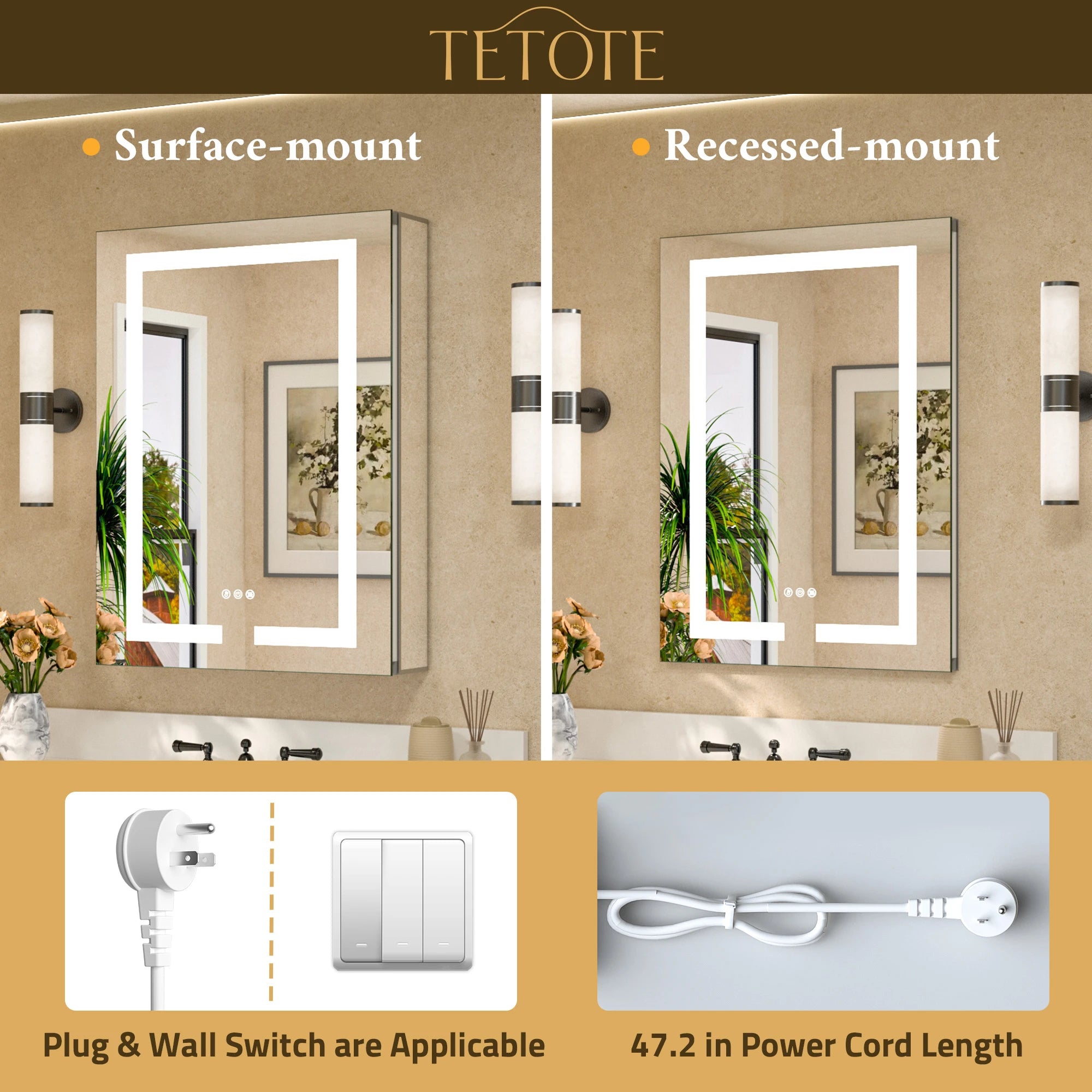 TETOTE  LED Medicine Cabinet Mirror - Recessed/Surface Mount with Tempered Glass, 3-Color Dimming, Defog, 2 Outlets & USB Ports, Adjustable Shelves