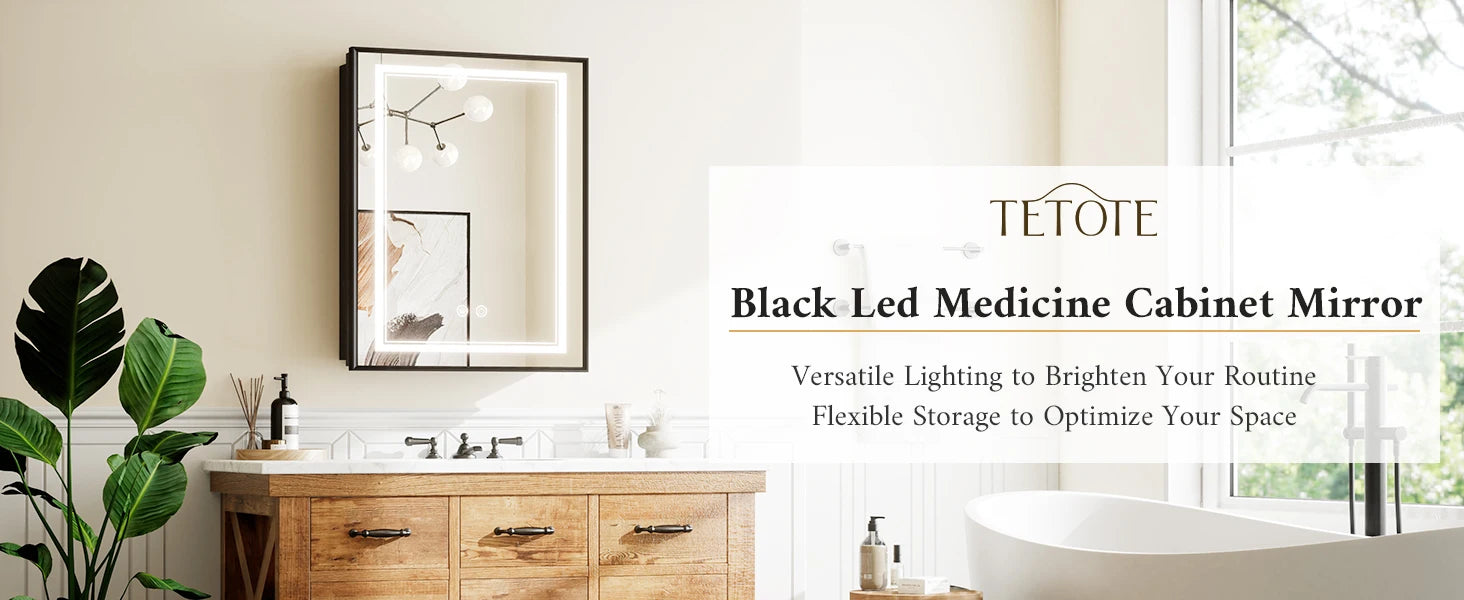 TETOTE Recessed LED Medicine Cabinet with outlets in black frame