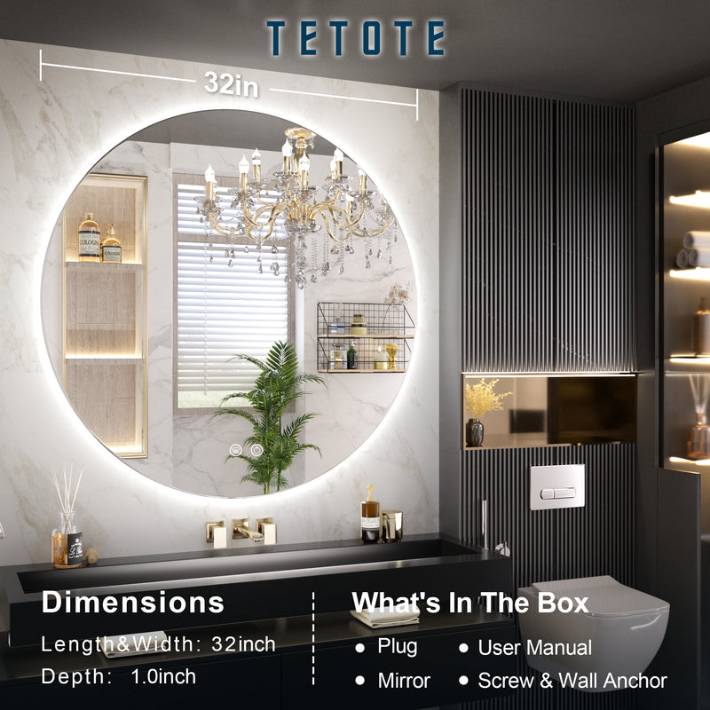 TETOTE Round 3-Color Backlit LED Bathroom Mirror