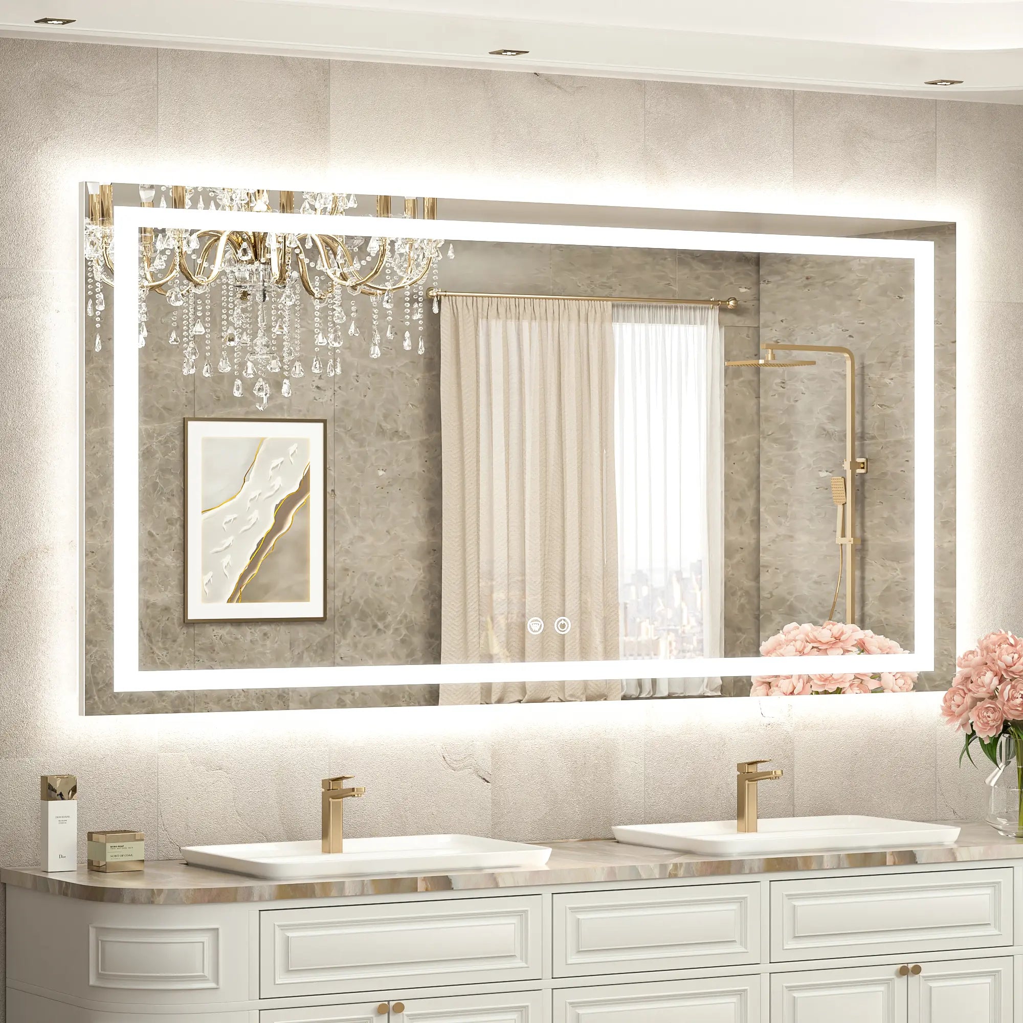 TETOTE Frontlit & Backlit LED Bathroom Mirror - 3 Color  Dimmable Anti Fog Shatterproof