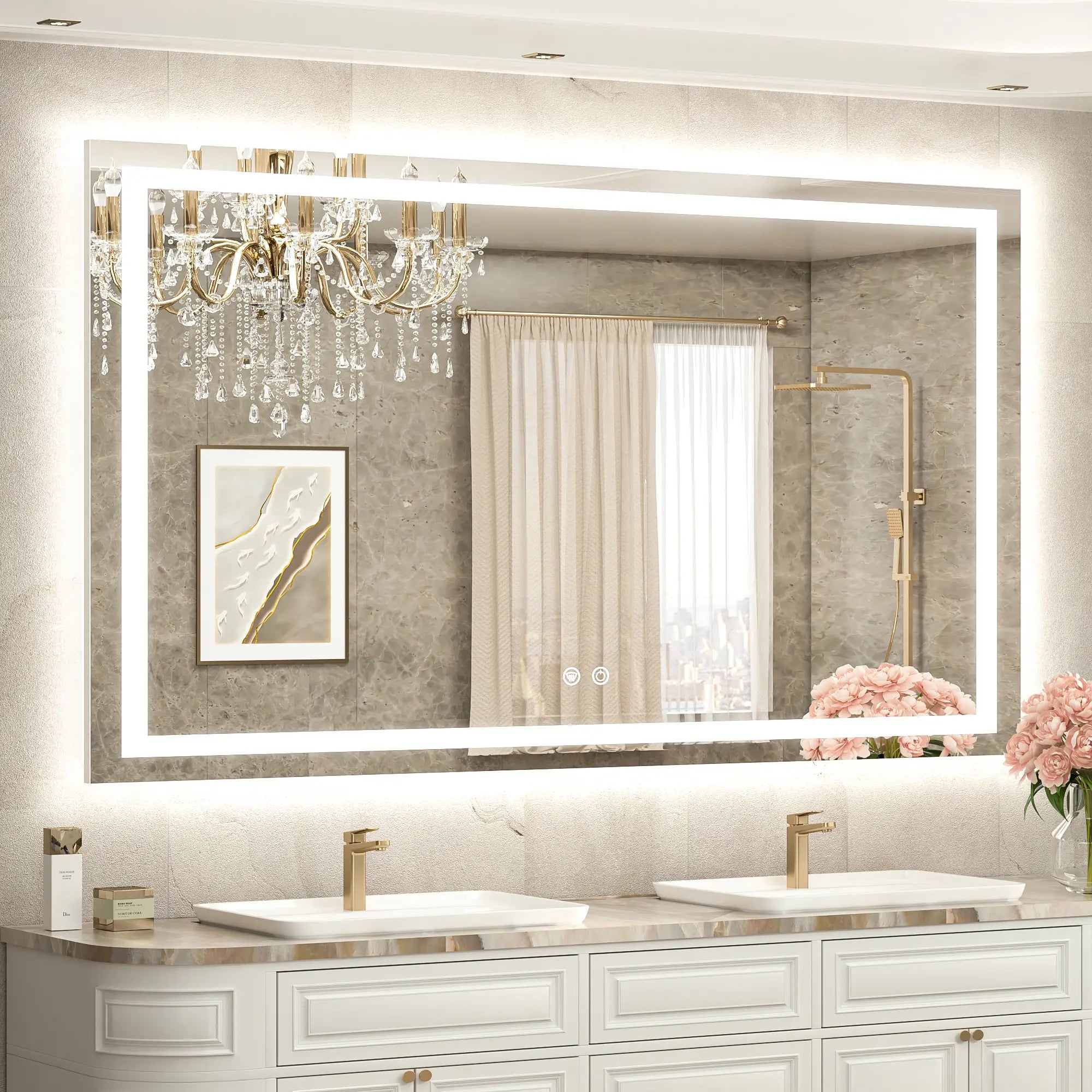 TETOTE Frontlit & Backlit LED Bathroom Mirror - 3 Color  Dimmable Anti Fog Shatterproof