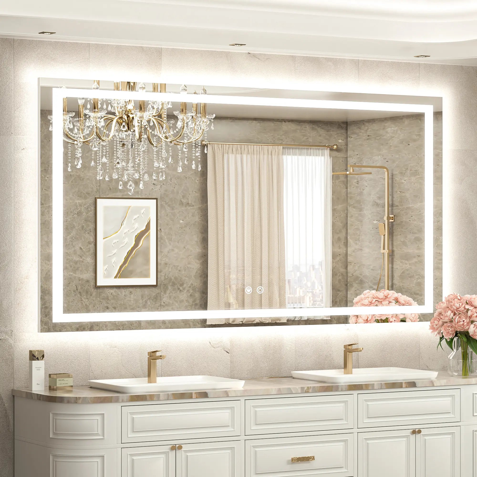 TETOTE Frontlit & Backlit LED Bathroom Mirror - 3 Color  Dimmable Anti Fog Shatterproof