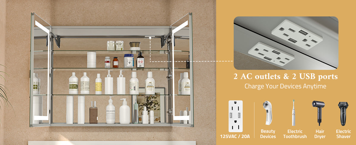 Built-in outlet and USB port inside an LED medicine cabinet