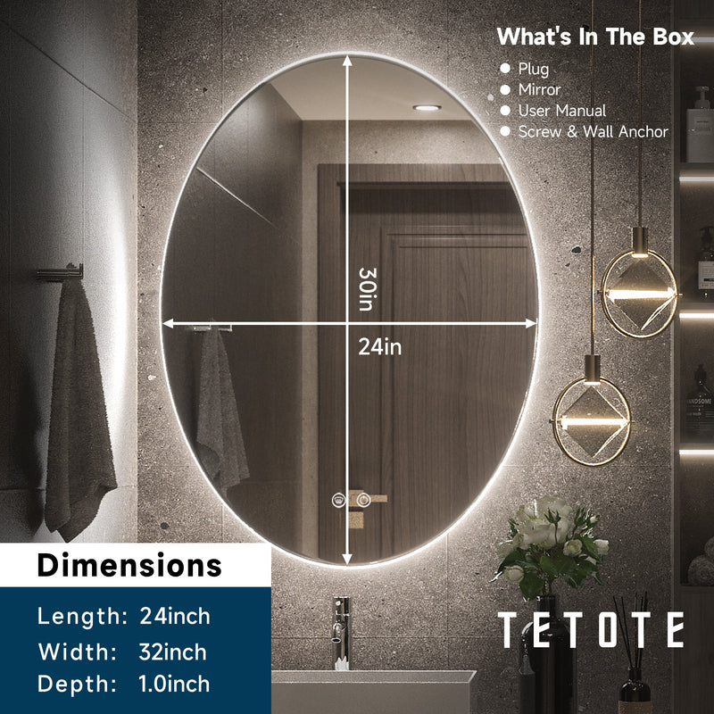 TETOTE 24 x 32 Inch Oval LED Bathroom Mirror Frontlit&Backlit,AntiFog Dimmable,Vanity Mirror with Lights Wall Mounted Lighted Modern Mirror